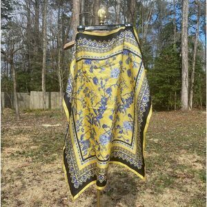 Talbots Satin Yellow Blue Vintage Floral Square Scarf